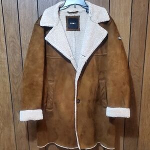 DKNY Men's Brown Faux Shearling Walking Coat Size Large